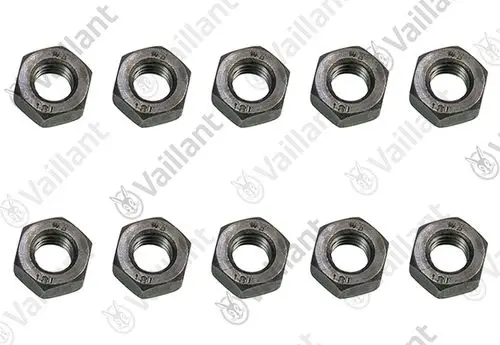 Zehn metallene Muttern im Bild, die zum Sortiment der Marke Vaillant gehören. Die Muttern haben ein sechseckiges Design und sind für mechanische Anwendungen geeignet.